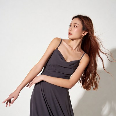 Asian woman in gray slip dress