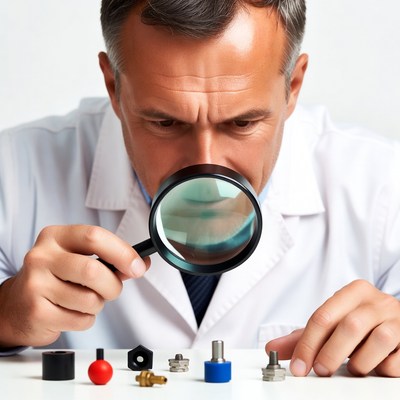 Man in lab coat examining small parts