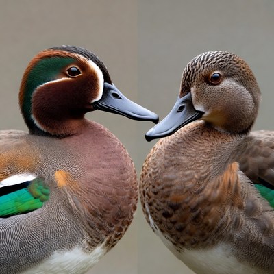 Male and female mandarin ducks facing each other