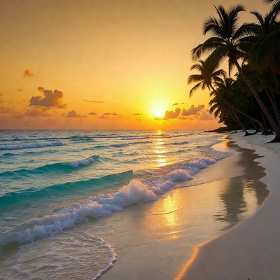 Tropical Beach Sunset with Palm Trees