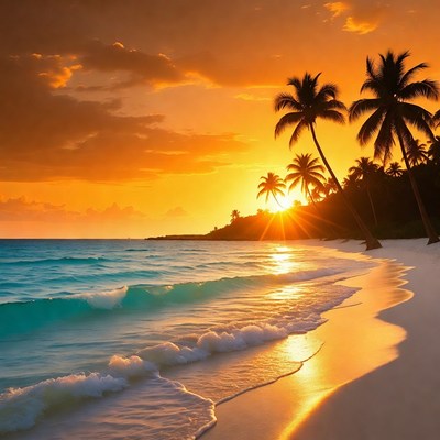 Tropical Beach Sunset with Palms