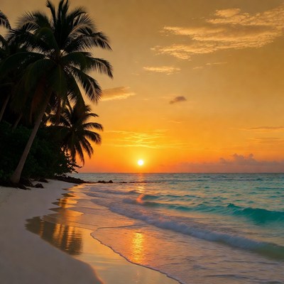 Tropical Beach Sunset with Palm Trees