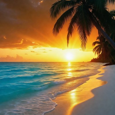 Tropical Beach Sunset with Palm Trees