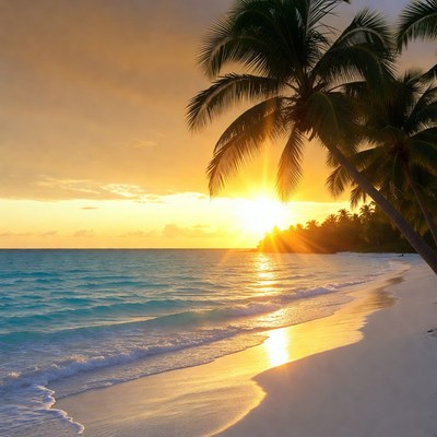 Tropical Beach Sunset with Palm Trees