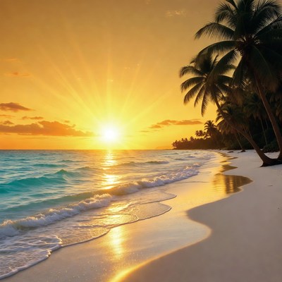 Tropical Beach Sunset with Palm Trees