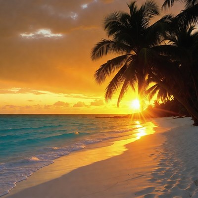 Tropical Beach Sunset with Palm Trees