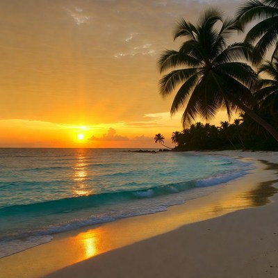 Tropical Beach Sunset with Palm Trees