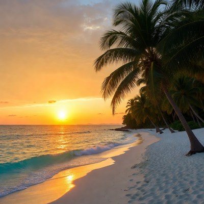 Tropical Beach Sunset with Palm Trees