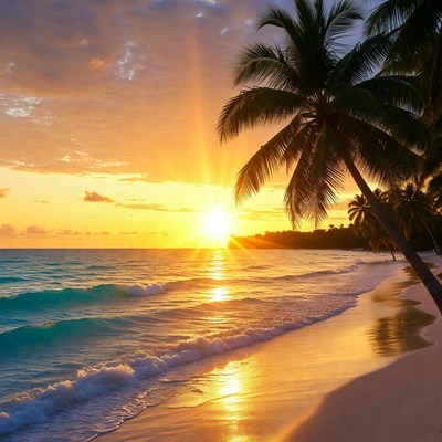 Tropical Beach Sunset with Palm Trees