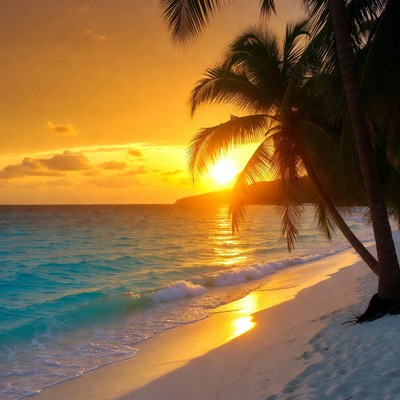 Tropical Beach Sunset with Palm Trees