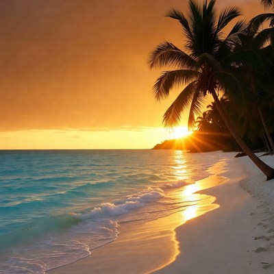 Tropical Beach Sunset with Palm Trees