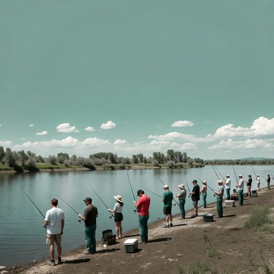 Group fishing along riverbank