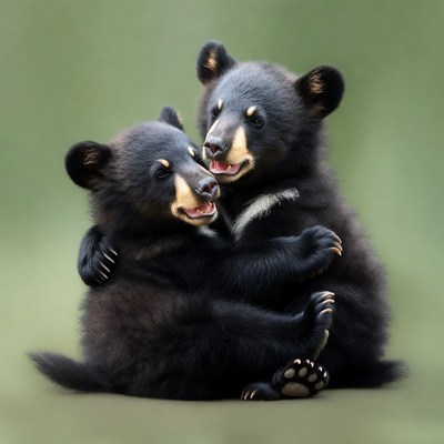 Two black bear cubs hugging