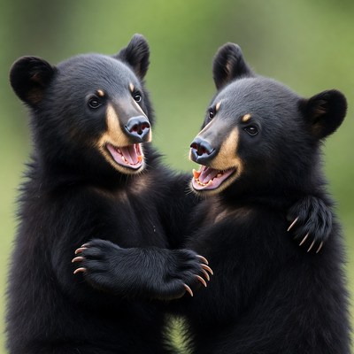 Two black bear cubs hugging