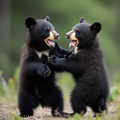 Two black bear cubs playing