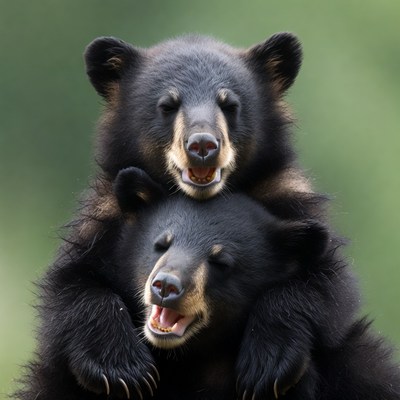 Two black bear cubs hugging