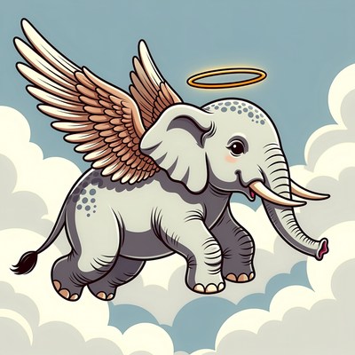 Cartoon Angel Elephant Flying in Clouds