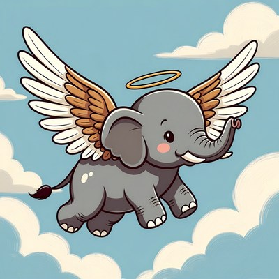 Cute winged elephant angel flying