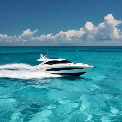 White luxury yacht speeding turquoise ocean