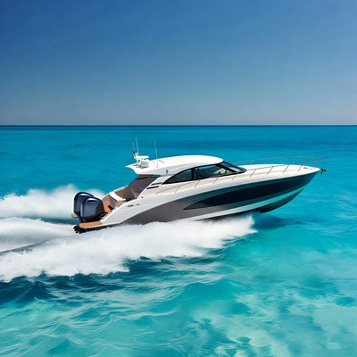 White luxury yacht speeding turquoise ocean