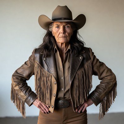 Elderly woman in cowboy hat and fringed jacket