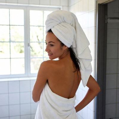Woman with towel in bathroom