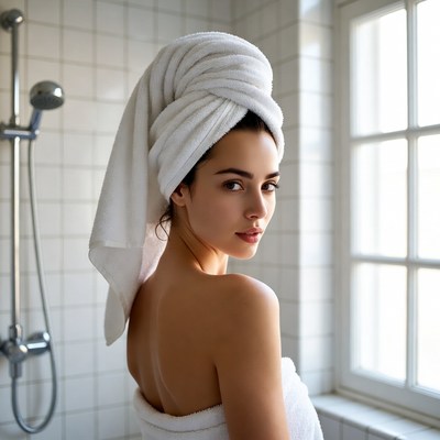Woman in towel in shower bathroom