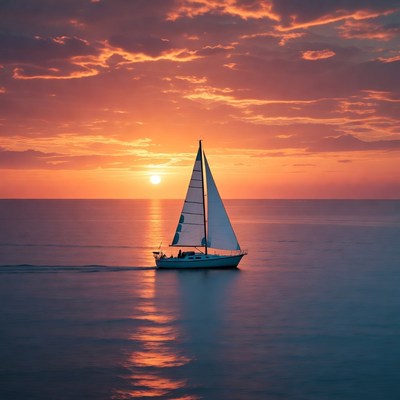 Sailboat on calm sea at sunset