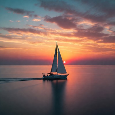 Sailboat at Sunset on Calm Sea