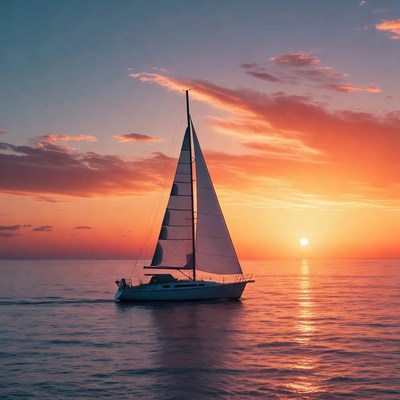 Sailboat on calm sea at sunset