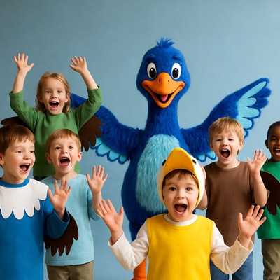 Children with Blue Bird Mascot Cheering
