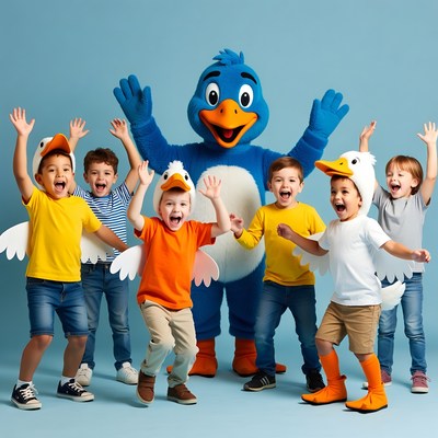 Children with Blue Duck Mascot