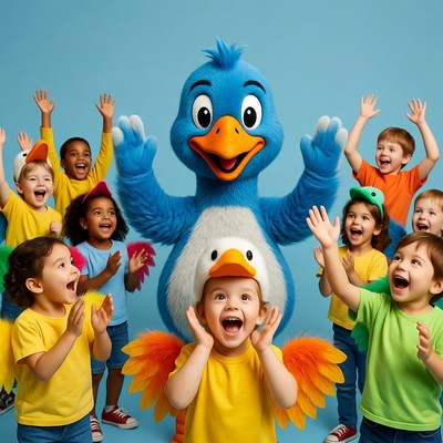 Blue mascot duck with excited diverse children