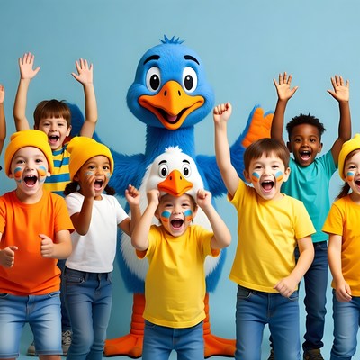 Kids cheering with blue mascot
