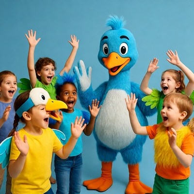 Children with blue bird mascot