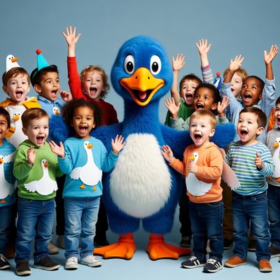 Blue mascot penguin with excited children