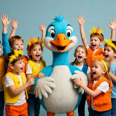 Blue Duck Costume with Happy Children