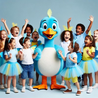 Blue duck mascot with diverse kids