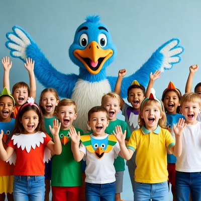 Blue mascot with excited diverse children