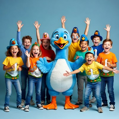 Blue penguin mascot with diverse kids