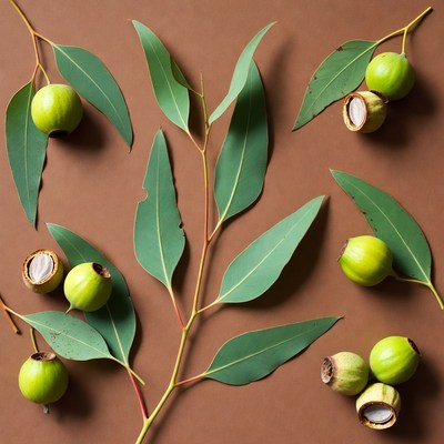 Eucalyptus Leaves and Buds on Brown Background