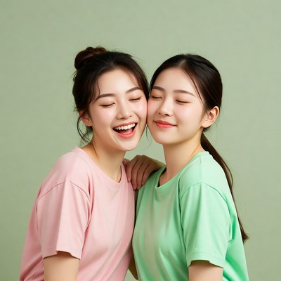 Two Asian women laughing together