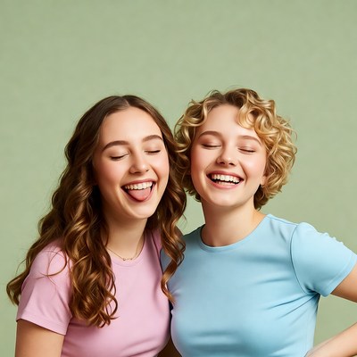 Two girls sticking out tongues smiling