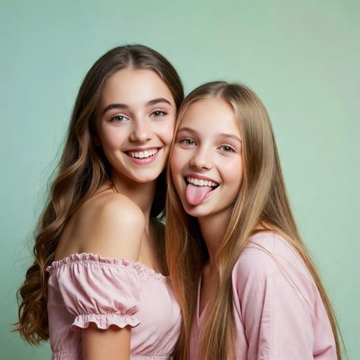 Two girls sticking tongue out smiling