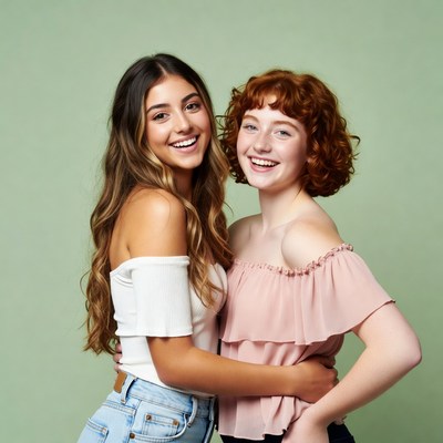 Two smiling girls hugging on green background