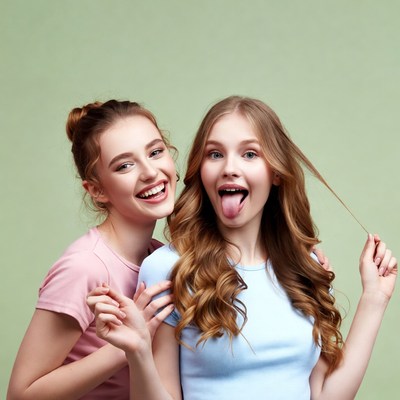 Two girls sticking tongue out smiling