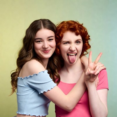Two girls sticking tongue out peace sign