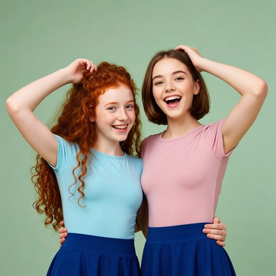 Two smiling girls with arms raised