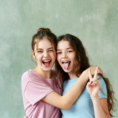 Two girls laughing sticking tongues out
