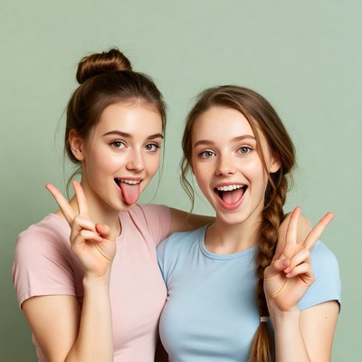 Two girls making peace signs sticking tongues out